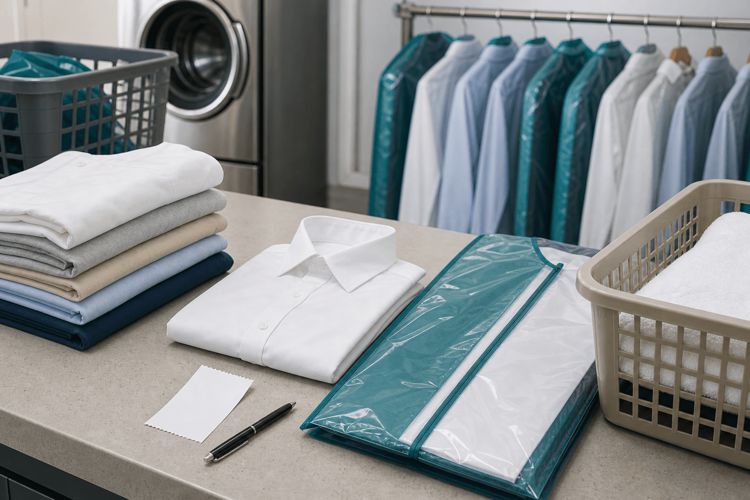 Folded clothes, garment bags, and a receipt ticket on a laundry counter